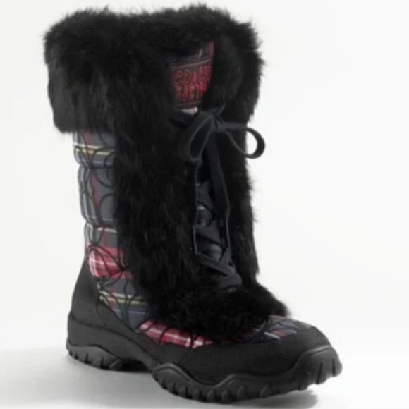 Coach Jennie Fur Trimmed Red Plaid Boots - Size 6 - Picture 1 of 5